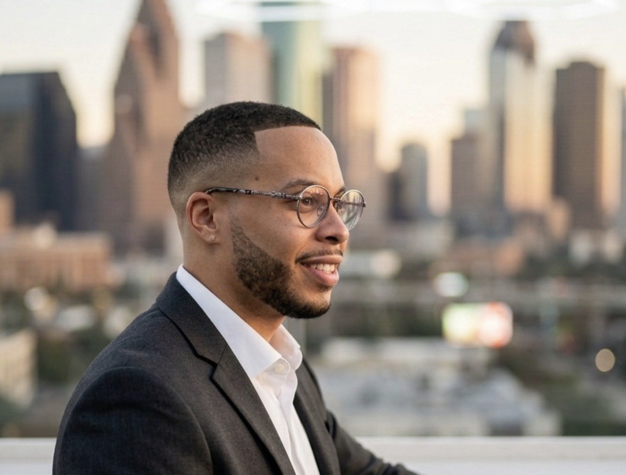 Brandon Brown in a charcoal jacket with a city skyline behind him